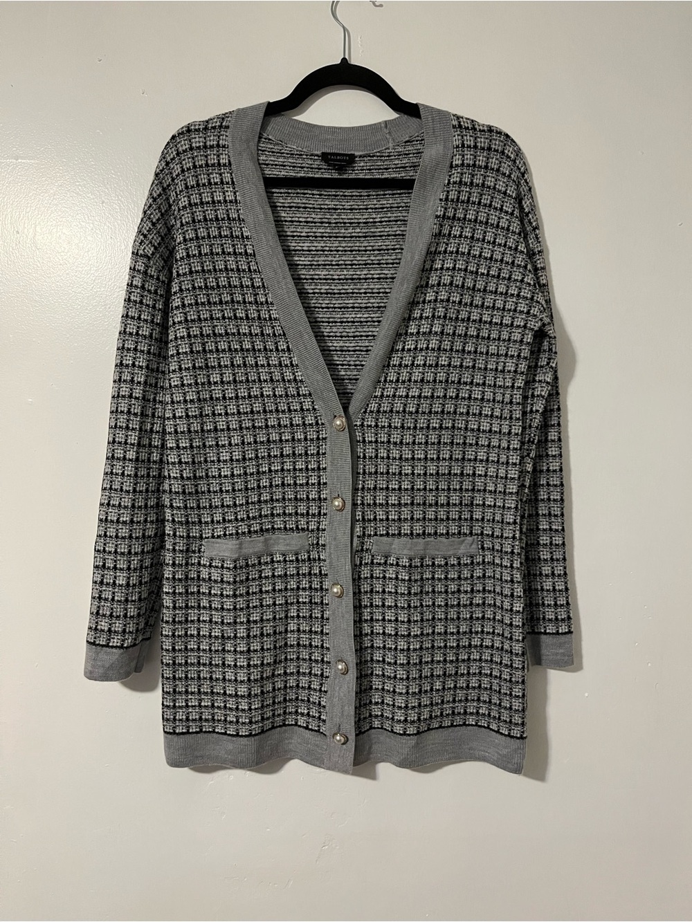 Talbots Merino Wool - Gray Patterned Knit Cardigan - Pearl Buttons